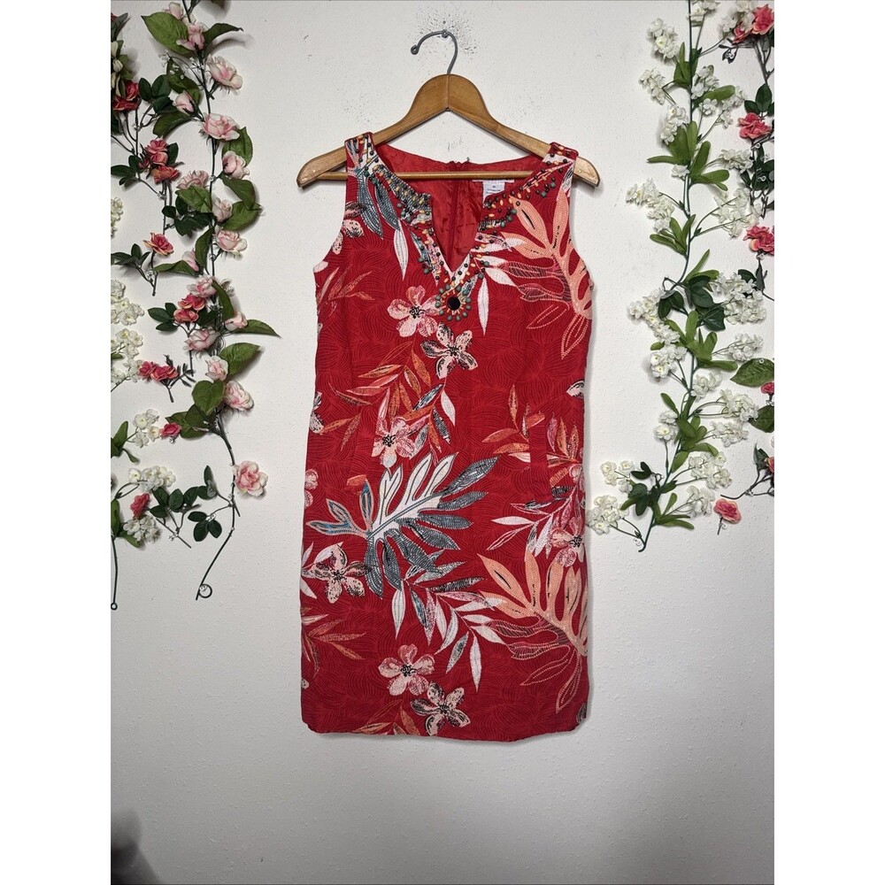 Madison Leigh Linen Blend Beaded Neckline Dress With Pockets Size 10